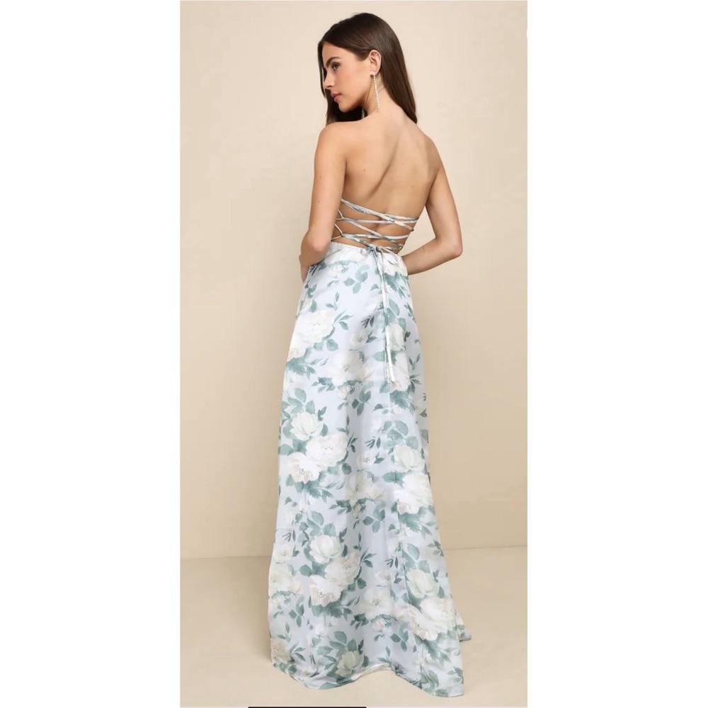 Lulus Light Blue Floral Strapless Maxi Dress Sz Medium NWT Wedding Guest Party - Picture 2 of 9